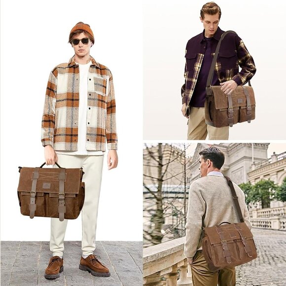 Messenger Bag for Men,14-15.6 Inch Laptop Bag, Water-resistant Waxed Canvas Satc - Picture 2 of 7